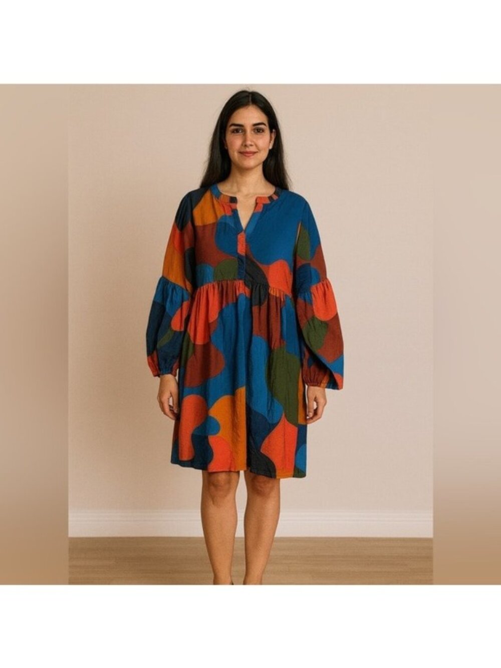 MICHELLE MCDOWELL Geometry Multicolored Balloon Sleeves Dress Size Small - Picture 15 of 16